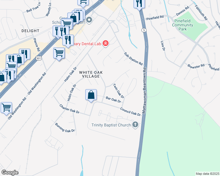map of restaurants, bars, coffee shops, grocery stores, and more near 1762 Red Oak Lane in Waldorf