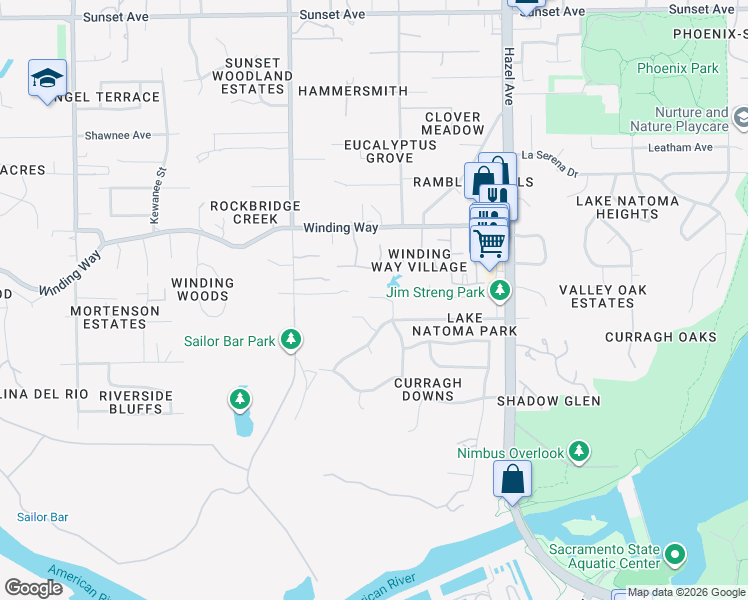 map of restaurants, bars, coffee shops, grocery stores, and more near 8842 Winding Way in Fair Oaks
