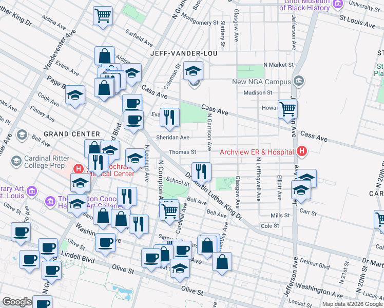 map of restaurants, bars, coffee shops, grocery stores, and more near 3038 Thomas Street in St. Louis
