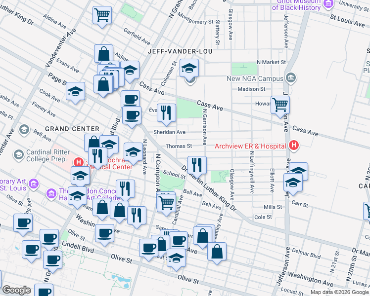 map of restaurants, bars, coffee shops, grocery stores, and more near 3046 Thomas Street in St. Louis