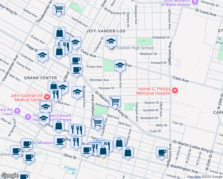 map of restaurants, bars, coffee shops, grocery stores, and more near 3034 Thomas Street in St. Louis