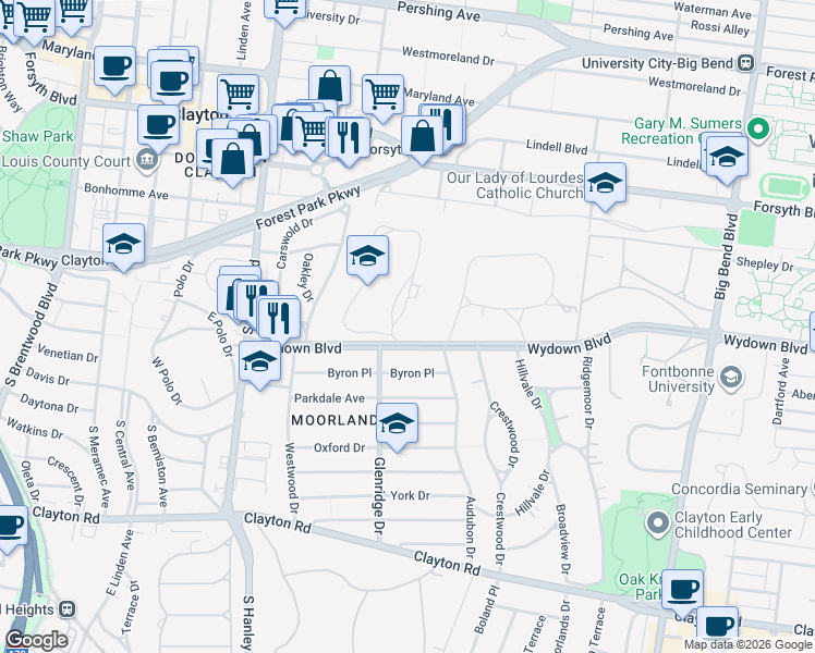 map of restaurants, bars, coffee shops, grocery stores, and more near in Clayton