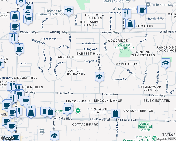 map of restaurants, bars, coffee shops, grocery stores, and more near 4243 Barrett Road in Carmichael
