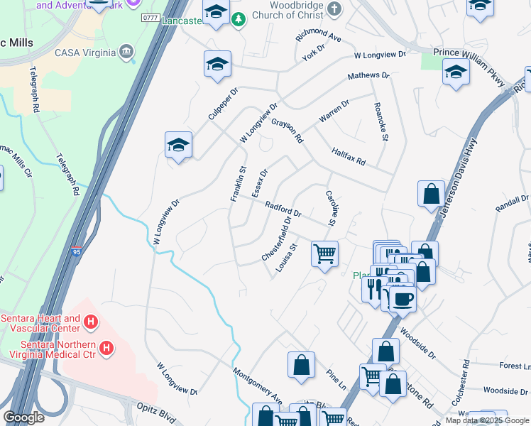 map of restaurants, bars, coffee shops, grocery stores, and more near 2020 Cumberland Drive in Woodbridge