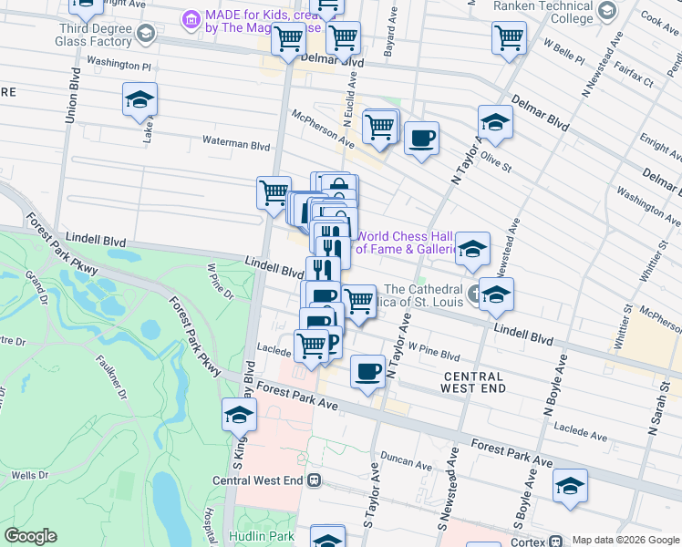 map of restaurants, bars, coffee shops, grocery stores, and more near 4643 Lindell Boulevard in St. Louis
