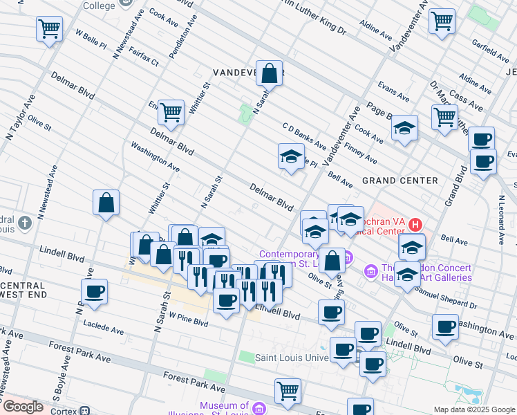 map of restaurants, bars, coffee shops, grocery stores, and more near 3934 Washington Avenue in St. Louis