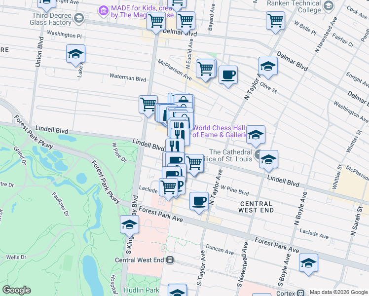 map of restaurants, bars, coffee shops, grocery stores, and more near 4643 Lindell Boulevard in St. Louis