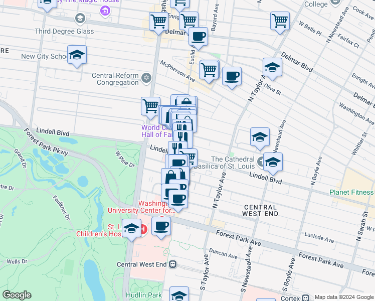 map of restaurants, bars, coffee shops, grocery stores, and more near in St. Louis