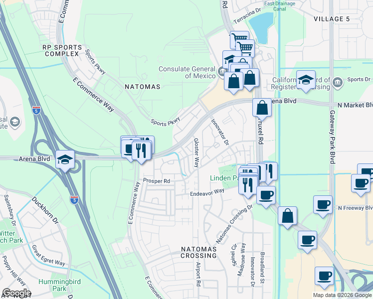 map of restaurants, bars, coffee shops, grocery stores, and more near 4145 Sally Ride Way in Sacramento