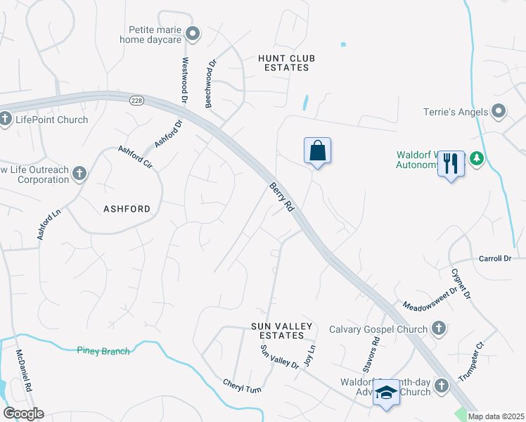 map of restaurants, bars, coffee shops, grocery stores, and more near 2569 Skeeter Court in Waldorf