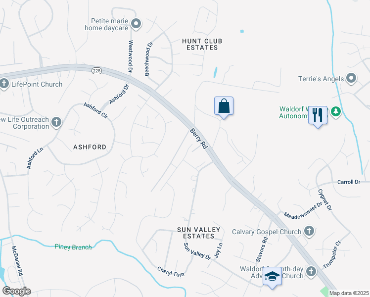map of restaurants, bars, coffee shops, grocery stores, and more near 2569 Skeeter Court in Waldorf