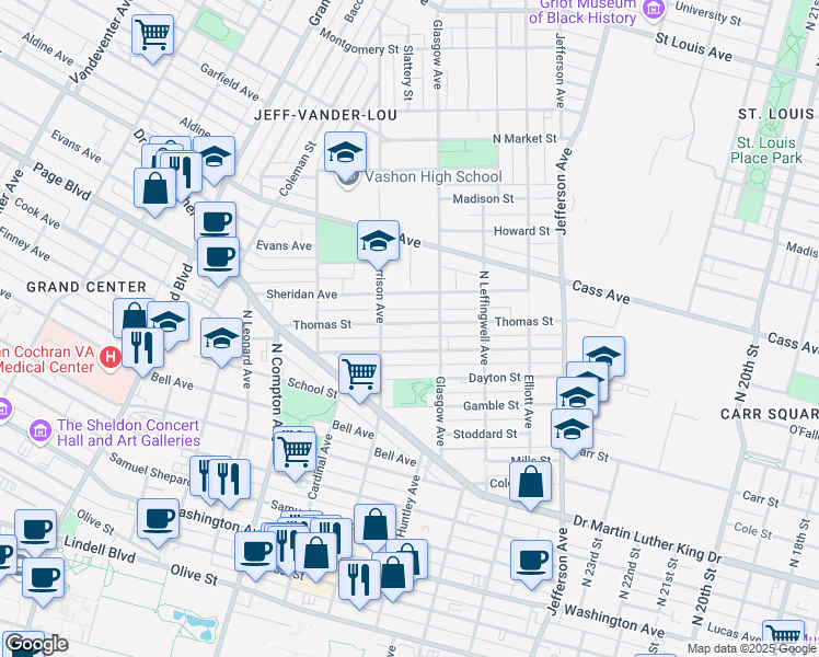 map of restaurants, bars, coffee shops, grocery stores, and more near 2934 Thomas Street in St. Louis