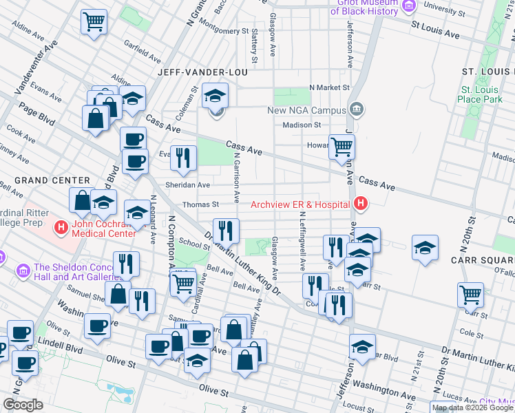 map of restaurants, bars, coffee shops, grocery stores, and more near 2930 Thomas Street in St. Louis