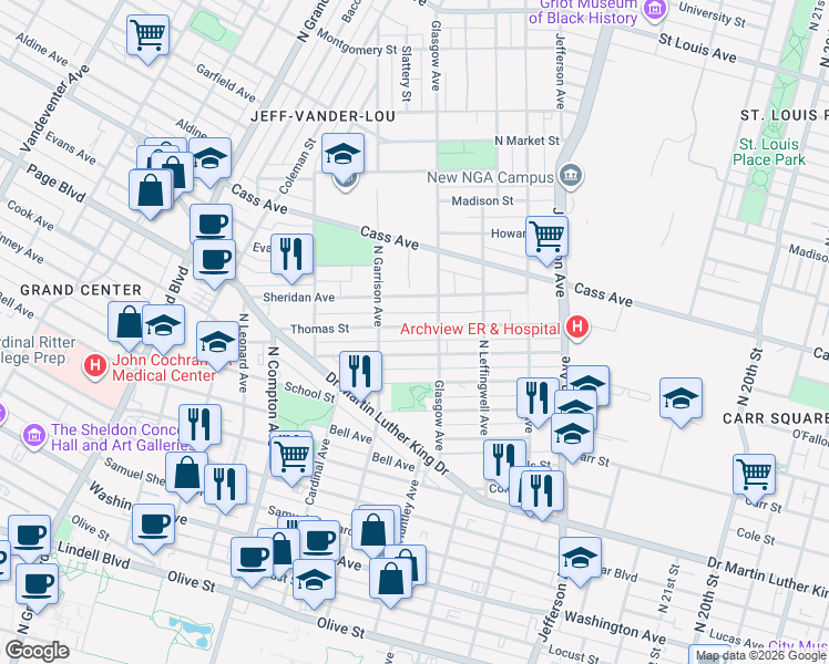 map of restaurants, bars, coffee shops, grocery stores, and more near 2926 Thomas Street in St. Louis