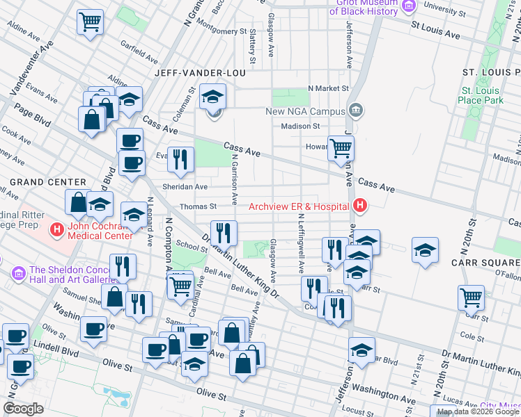 map of restaurants, bars, coffee shops, grocery stores, and more near 2918 Thomas Street in St. Louis