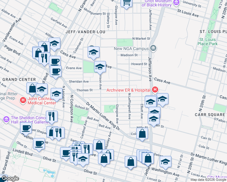 map of restaurants, bars, coffee shops, grocery stores, and more near 2910 Thomas Street in St. Louis