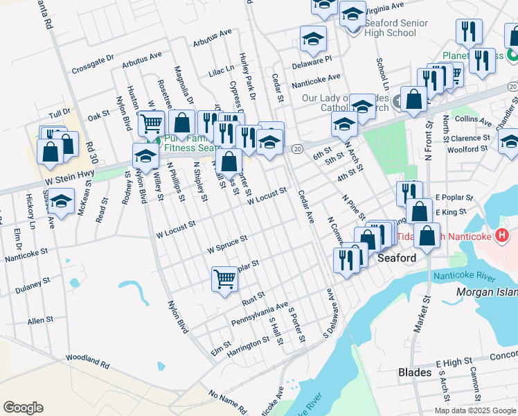 map of restaurants, bars, coffee shops, grocery stores, and more near 421 North Porter Street in Seaford