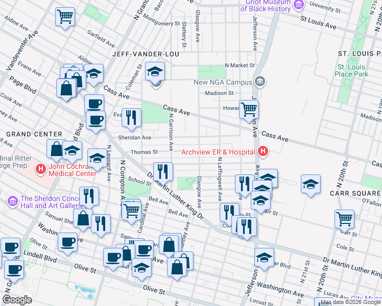 map of restaurants, bars, coffee shops, grocery stores, and more near 2914 Thomas Street in St. Louis