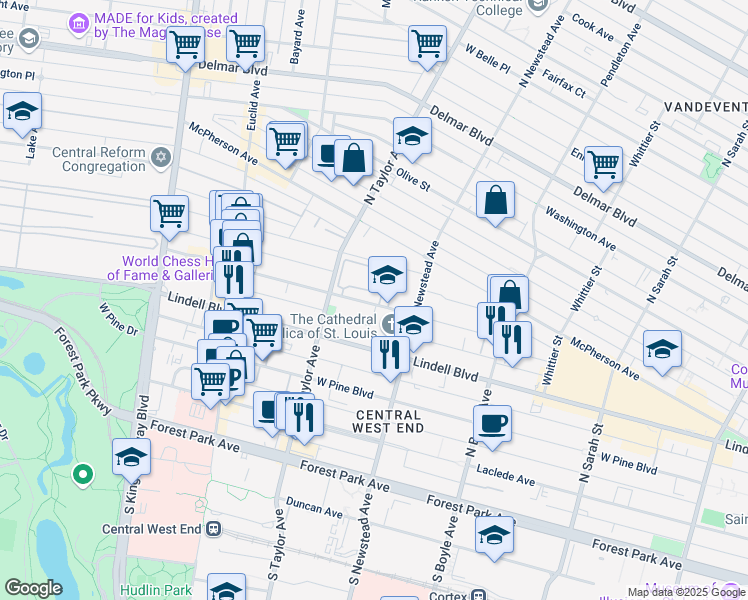 map of restaurants, bars, coffee shops, grocery stores, and more near 4449 Maryland Avenue in St. Louis