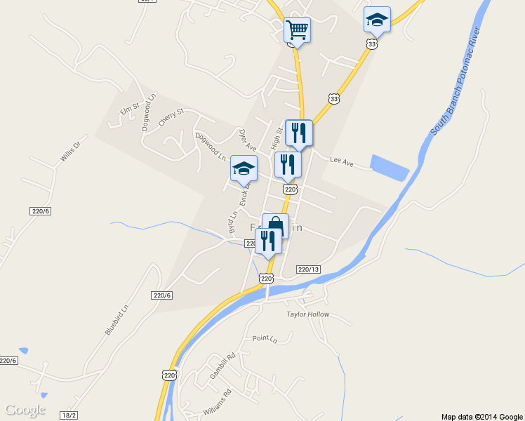 map of restaurants, bars, coffee shops, grocery stores, and more near High Street in Franklin