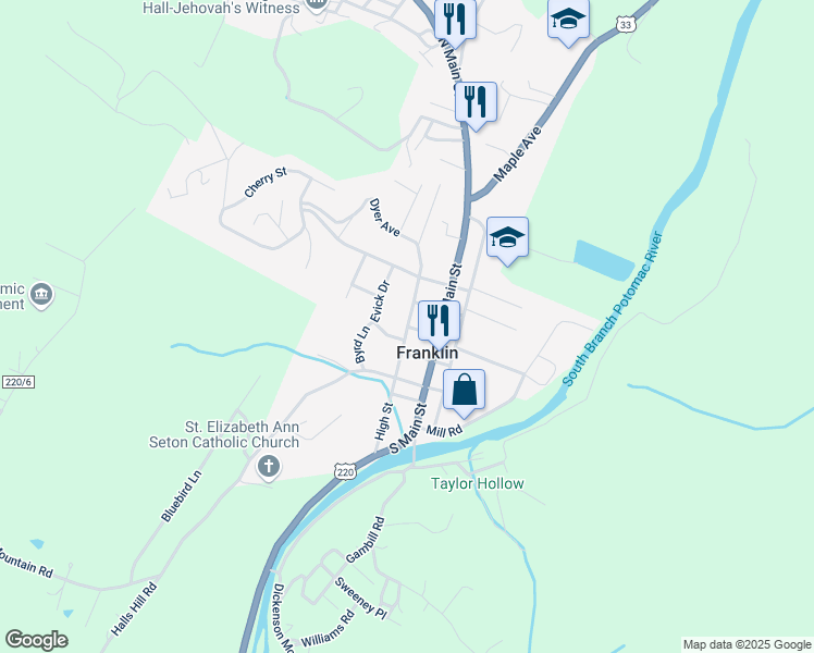 map of restaurants, bars, coffee shops, grocery stores, and more near High Street in Franklin