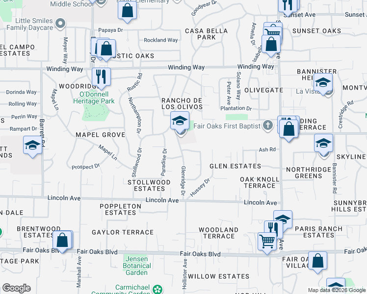 map of restaurants, bars, coffee shops, grocery stores, and more near 7032 Woodknoll Way in Carmichael