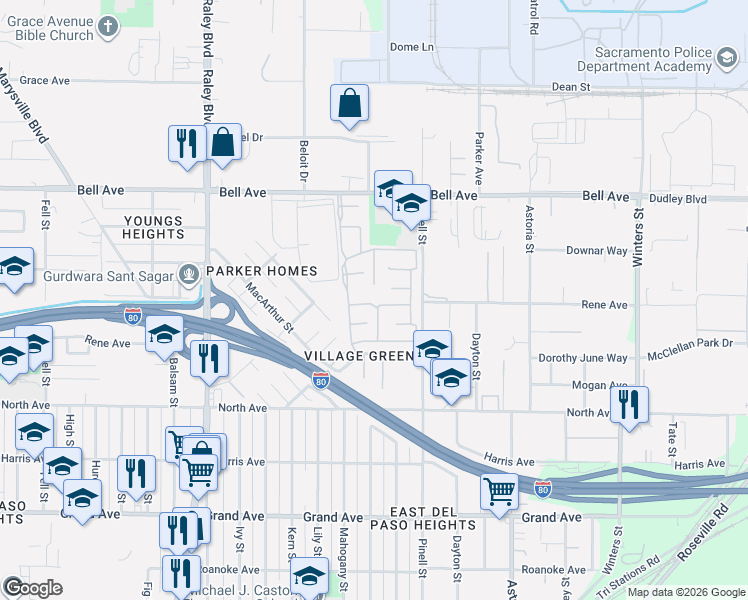 map of restaurants, bars, coffee shops, grocery stores, and more near 100 Village Circle in Sacramento