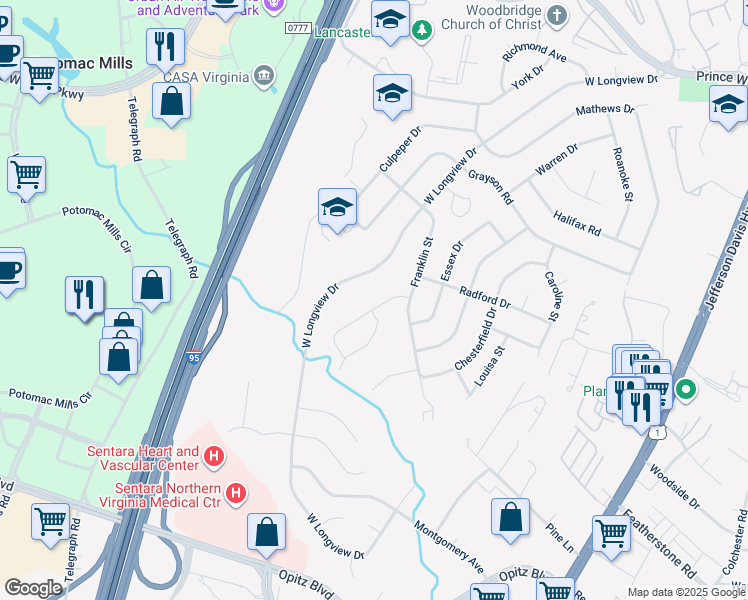map of restaurants, bars, coffee shops, grocery stores, and more near 2210 Emporia Street in Woodbridge