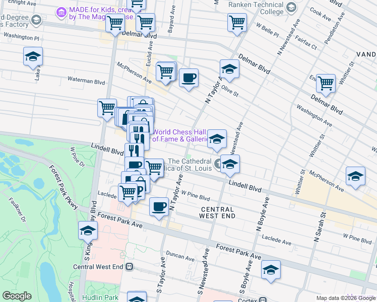 map of restaurants, bars, coffee shops, grocery stores, and more near in St. Louis