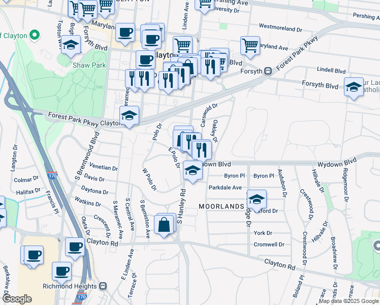 map of restaurants, bars, coffee shops, grocery stores, and more near 7646 Wydown Boulevard in Clayton