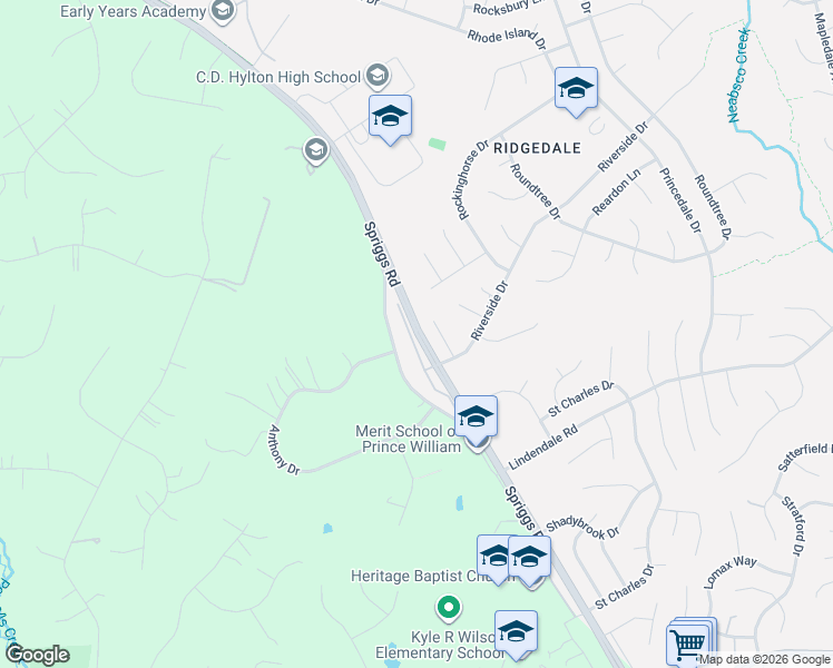 map of restaurants, bars, coffee shops, grocery stores, and more near Spriggs Road in Woodbridge