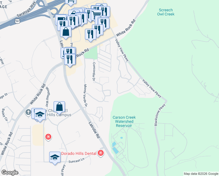 map of restaurants, bars, coffee shops, grocery stores, and more near 6017 Ventura Way in El Dorado Hills