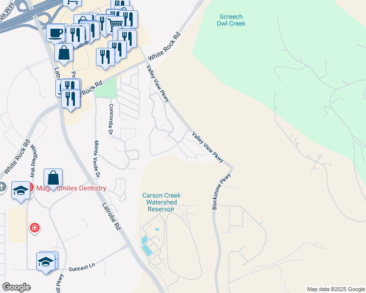 map of restaurants, bars, coffee shops, grocery stores, and more near 2230 Valley View Parkway in El Dorado Hills