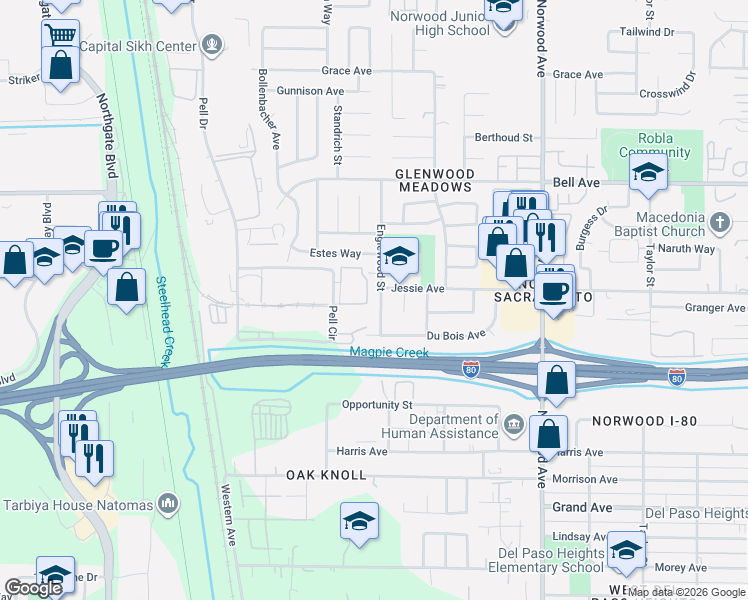 map of restaurants, bars, coffee shops, grocery stores, and more near 4119 Englewood Street in Sacramento