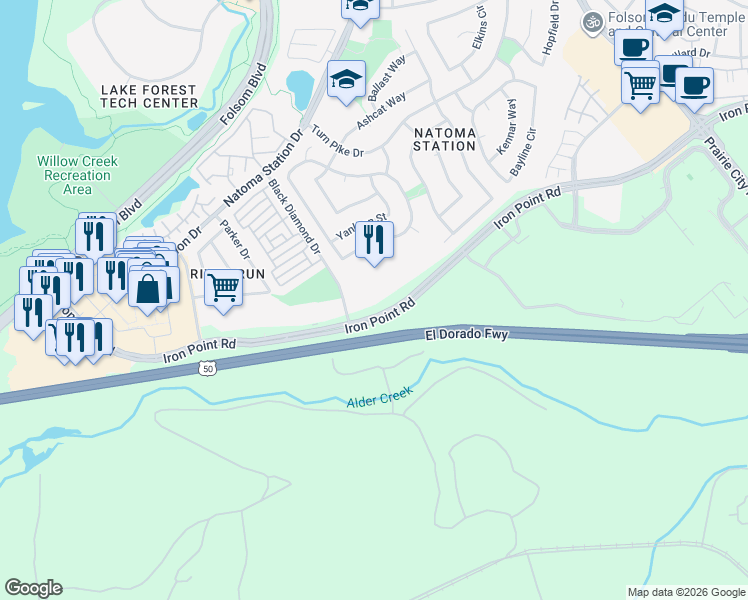 map of restaurants, bars, coffee shops, grocery stores, and more near 1130 Iron Point Road in Folsom