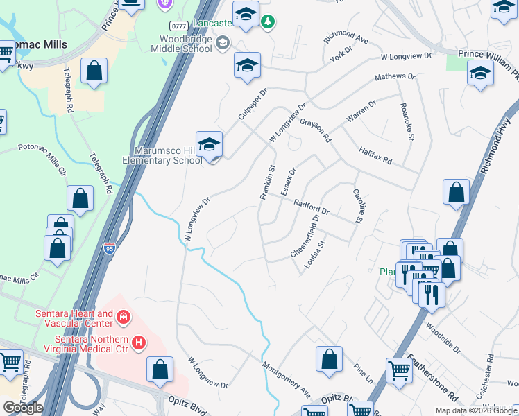 map of restaurants, bars, coffee shops, grocery stores, and more near Franklin Street in Woodbridge