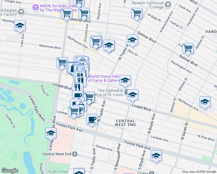 map of restaurants, bars, coffee shops, grocery stores, and more near 4501 Lindell Boulevard in St. Louis