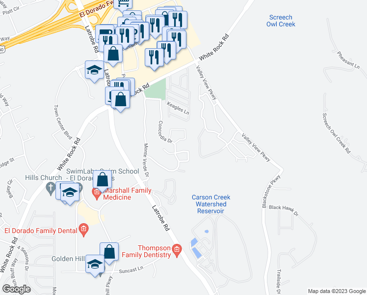 map of restaurants, bars, coffee shops, grocery stores, and more near 6013 Ventura Way in El Dorado Hills