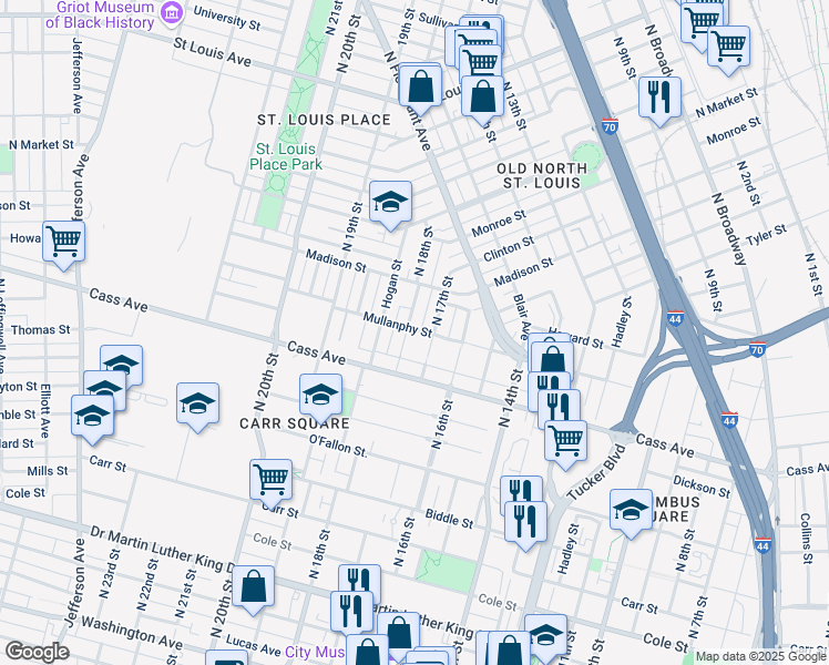 map of restaurants, bars, coffee shops, grocery stores, and more near 1519 North 17th Street in St. Louis