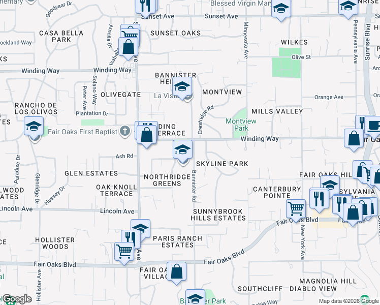 map of restaurants, bars, coffee shops, grocery stores, and more near 4356 Bannister Road in Fair Oaks