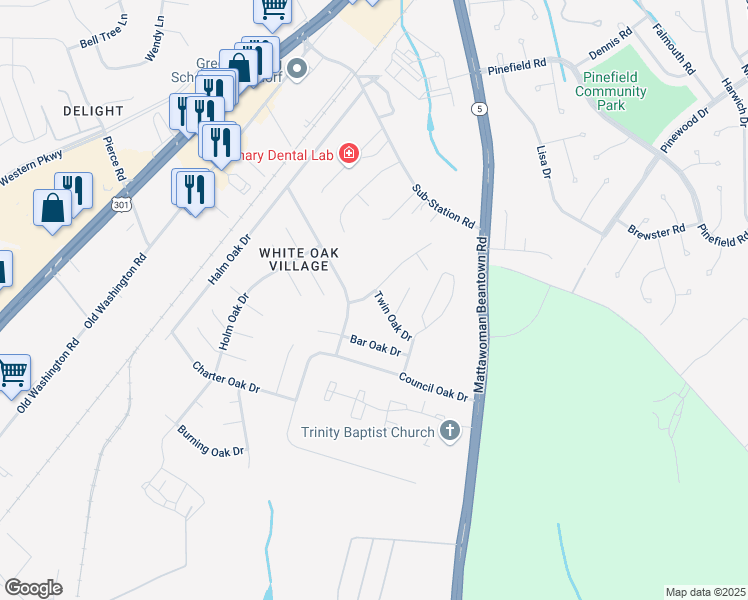 map of restaurants, bars, coffee shops, grocery stores, and more near 1760 Red Oak Lane in Waldorf