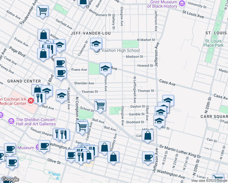 map of restaurants, bars, coffee shops, grocery stores, and more near 2934 Thomas Street in St. Louis