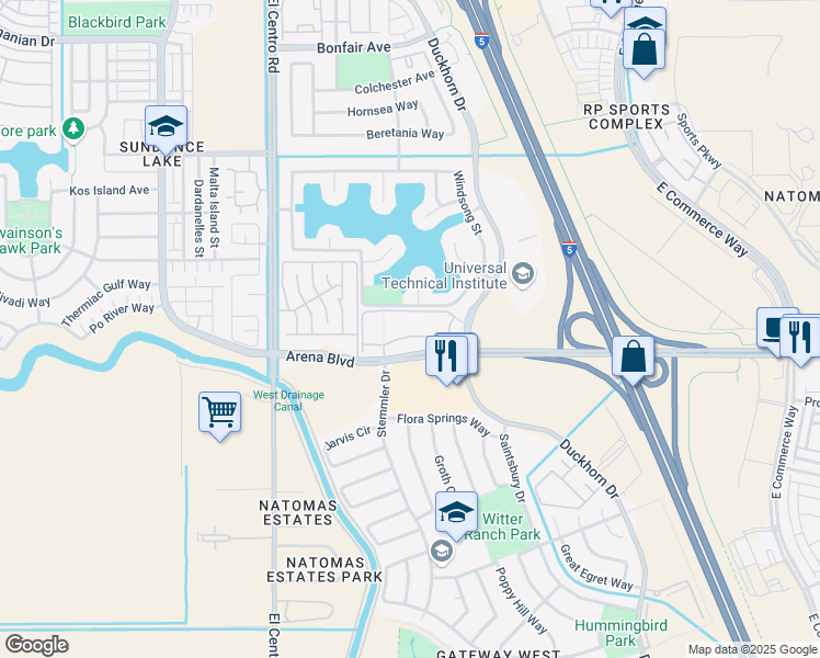 map of restaurants, bars, coffee shops, grocery stores, and more near 4751 Windsong Street in Sacramento