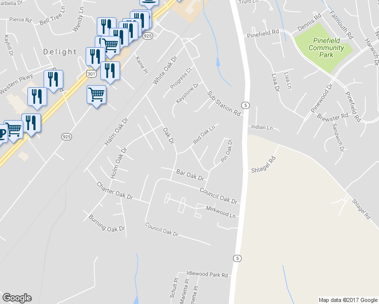 map of restaurants, bars, coffee shops, grocery stores, and more near 1760 Red Oak Lane in Waldorf