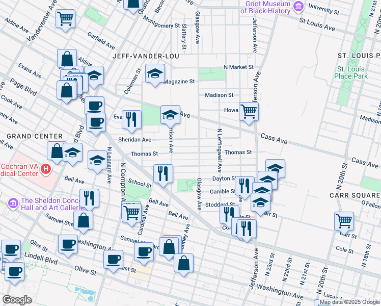map of restaurants, bars, coffee shops, grocery stores, and more near 2918 Thomas Street in St. Louis