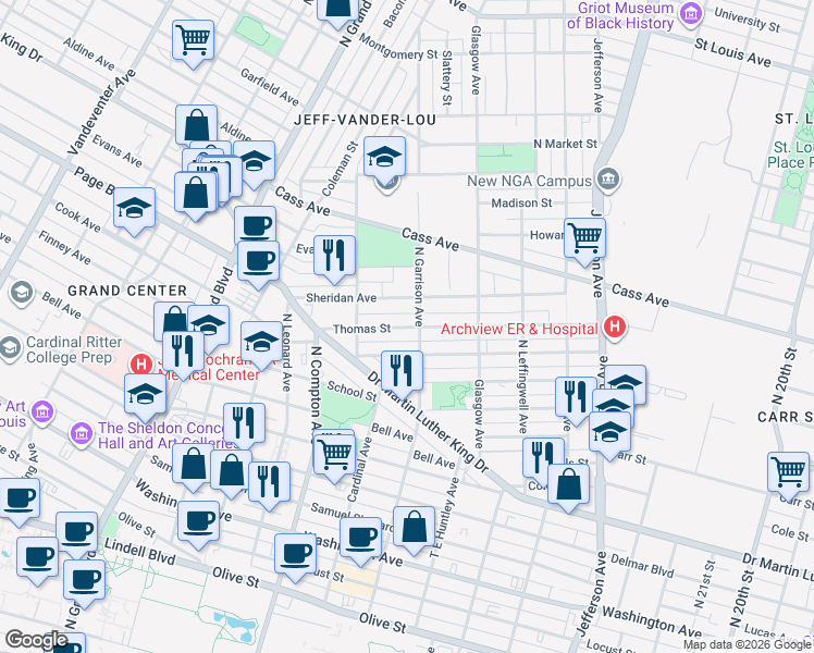 map of restaurants, bars, coffee shops, grocery stores, and more near 3013 Thomas Street in St. Louis