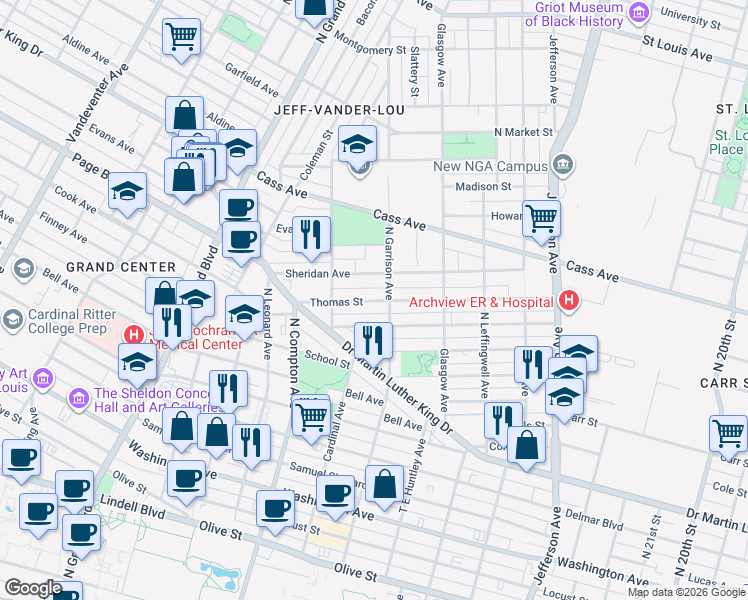 map of restaurants, bars, coffee shops, grocery stores, and more near 3017 Thomas Street in St. Louis