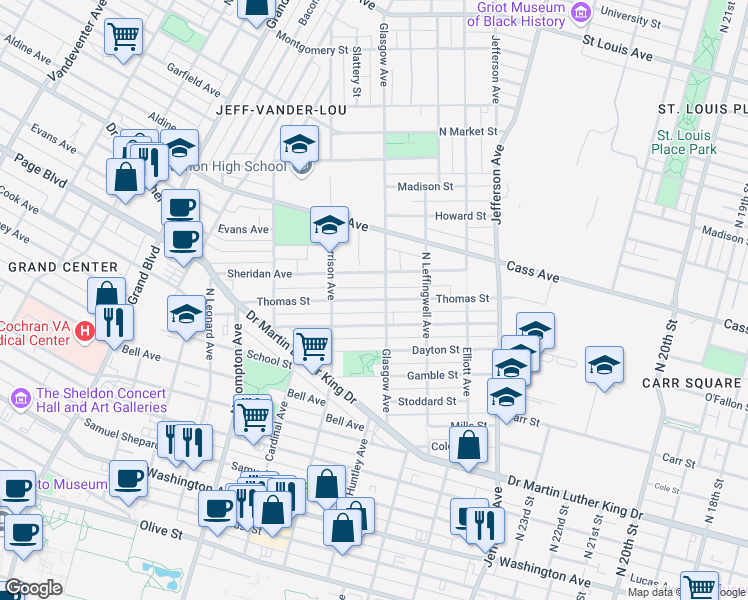 map of restaurants, bars, coffee shops, grocery stores, and more near 2910 Thomas Street in St. Louis