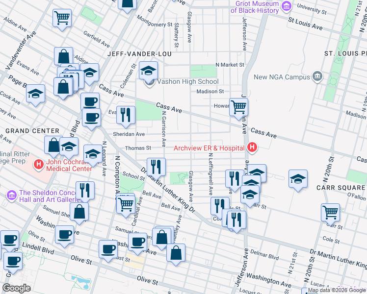 map of restaurants, bars, coffee shops, grocery stores, and more near 2914 Thomas Street in St. Louis