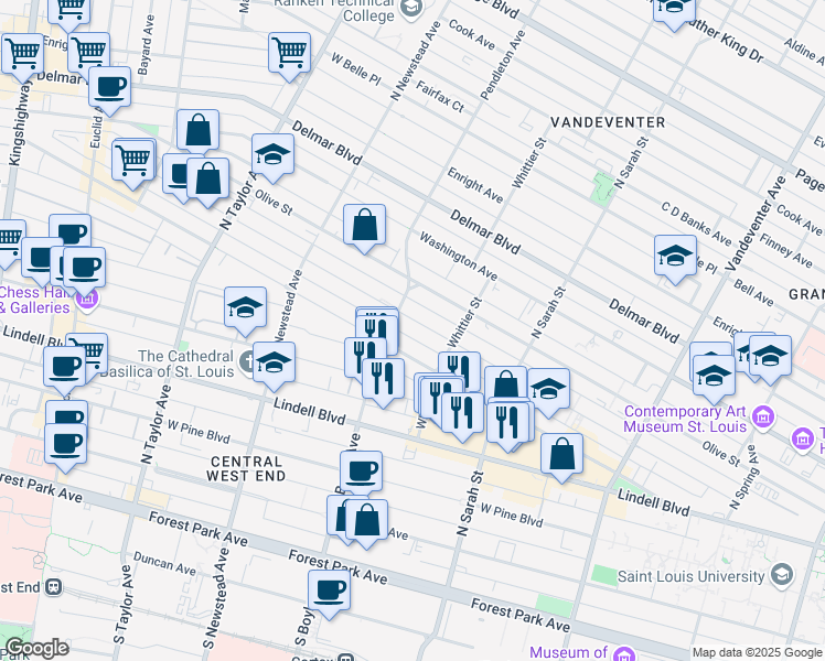 map of restaurants, bars, coffee shops, grocery stores, and more near 4242 Westminster Place in Saint Louis